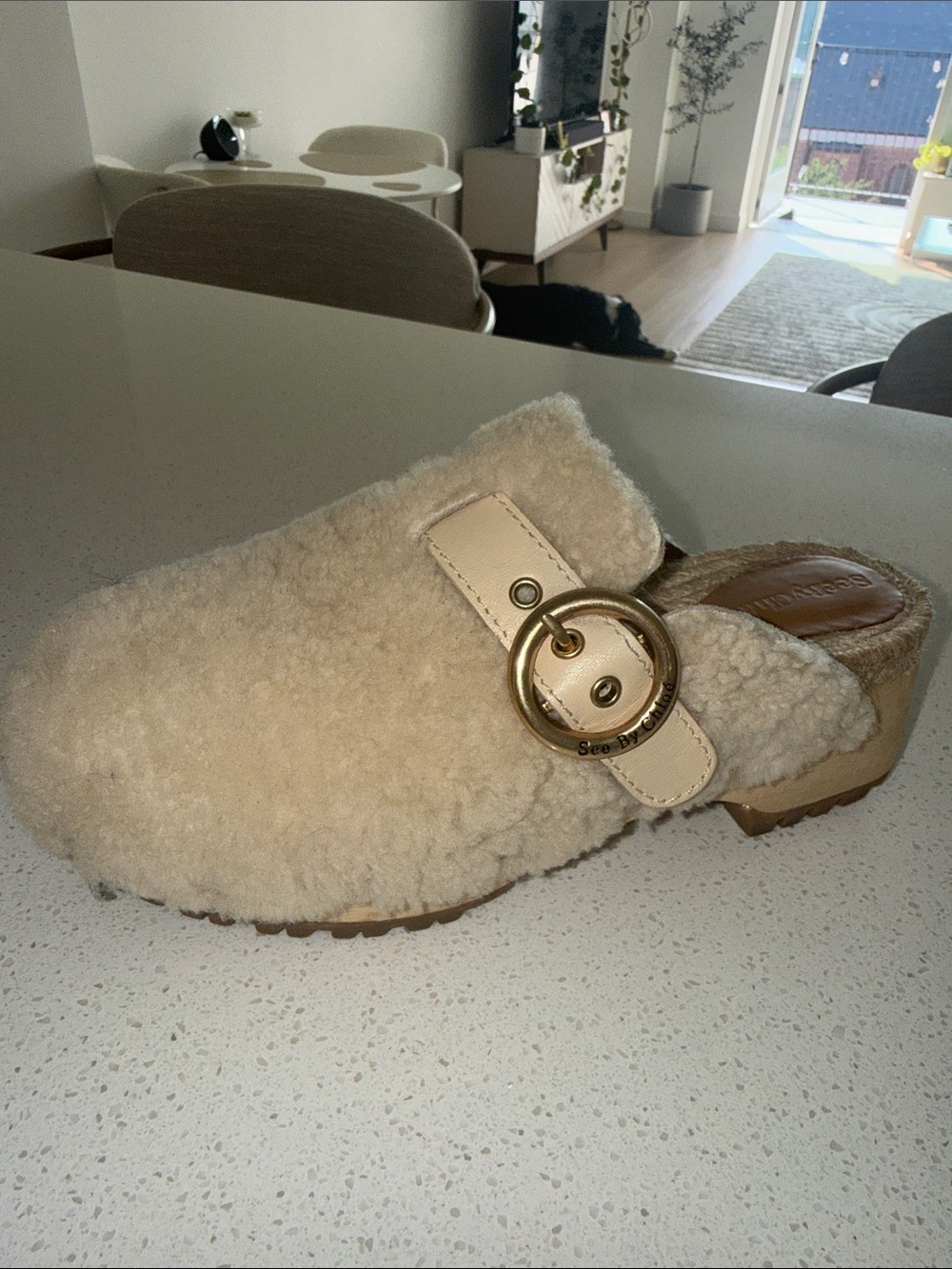 See By Chloe Kids Cream Faux-Shearling Slip-On Clogs with Gold Ring - Picture 7 of 9